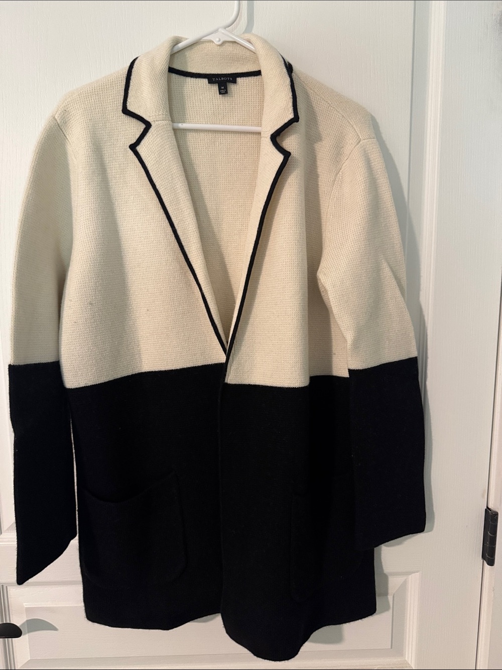 Talbots Cream and Black Colorblock Open-Front Blazer Cardigan